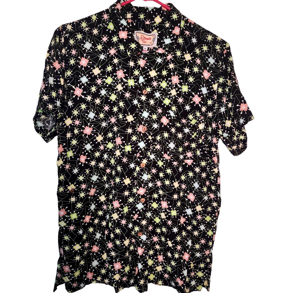 Atomic Tiki Mens Medium Cabana Shirt Midcentury Modern Mod MCM Print Black Pink